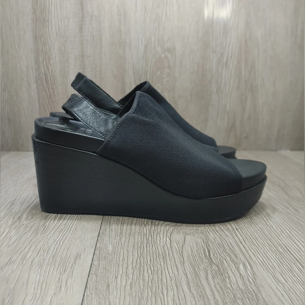 Eileen‎ Fisher Sandal Platform Comfort Stretch Port Open Toe Wedge 6 black